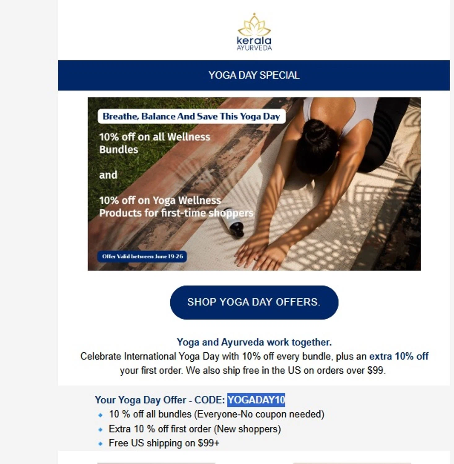 Kerala Ayurveda coupon code screenshot showing code YOGADAY10 applied at Kerala Ayurveda checkout page. Uploaded by SimplyCodes community member criah256752 on Jun 20, 2025