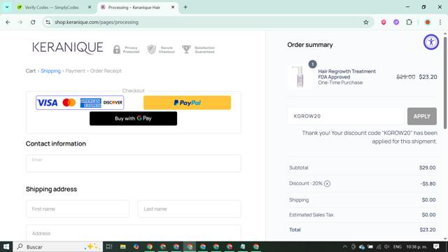Keranique checkout page showing Keranique discount code box | Screenshot taken by SimplyCodes community member on Sep 12, 2025