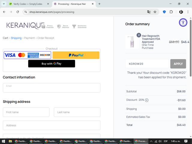 Keranique checkout page showing Keranique discount code box | Screenshot taken by SimplyCodes community member on Sep 8, 2025