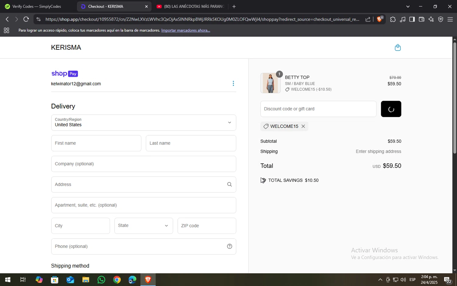 KERISMA promo code screenshot showing code WELCOME15 applied at KERISMA checkout page. Uploaded by SimplyCodes community member SOPACONPAN on Apr 24, 2025