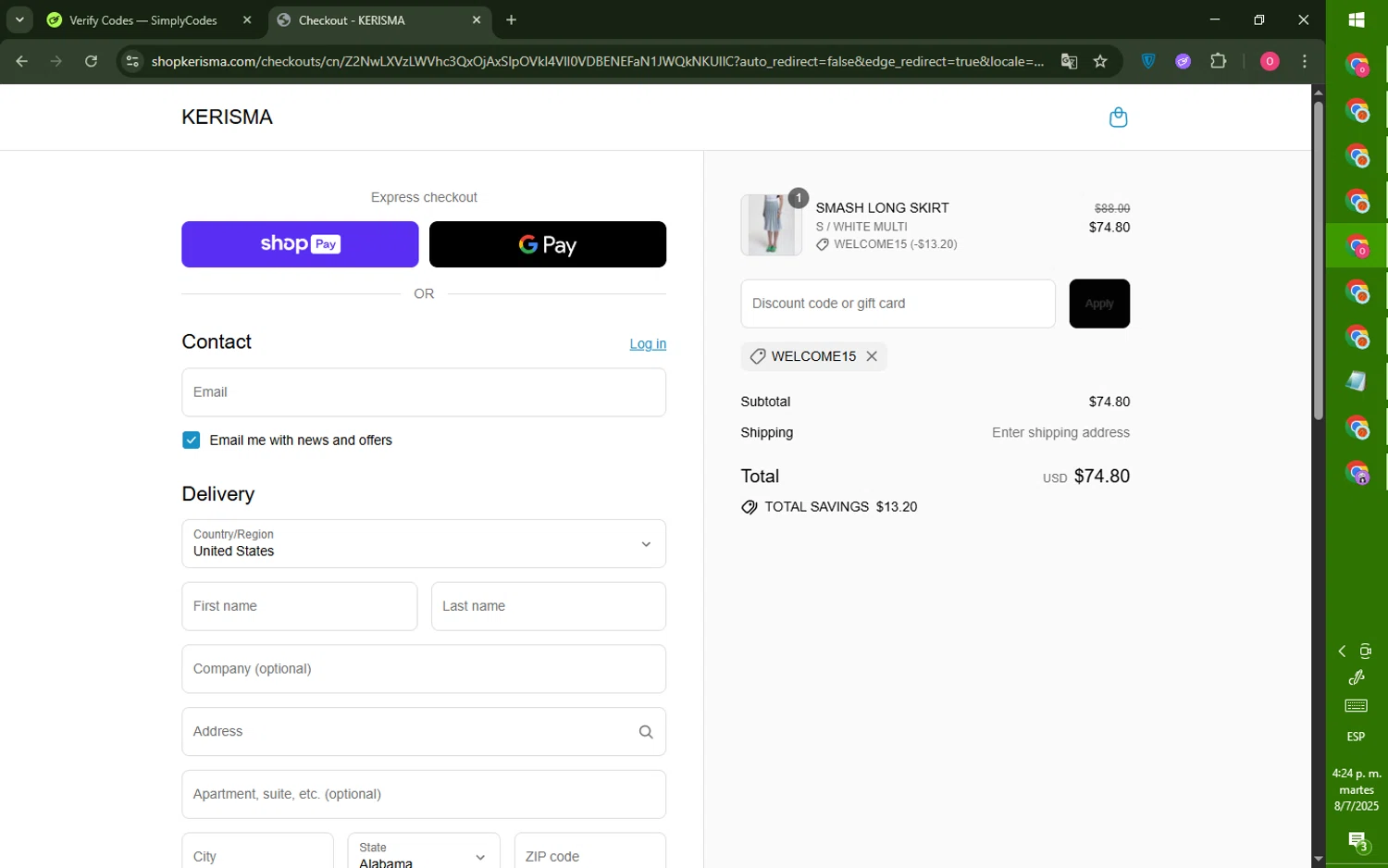 KERISMA promo code screenshot showing code WELCOME15 applied at KERISMA checkout page. Uploaded by SimplyCodes community member LegendaryRanger6350 on Jul 8, 2025