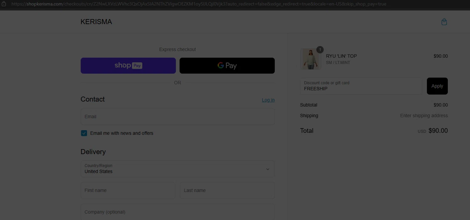 KERISMA promo code screenshot showing code FREESHIP applied at KERISMA checkout page. Uploaded by SimplyCodes community member Repollito18 on Mar 12, 2025