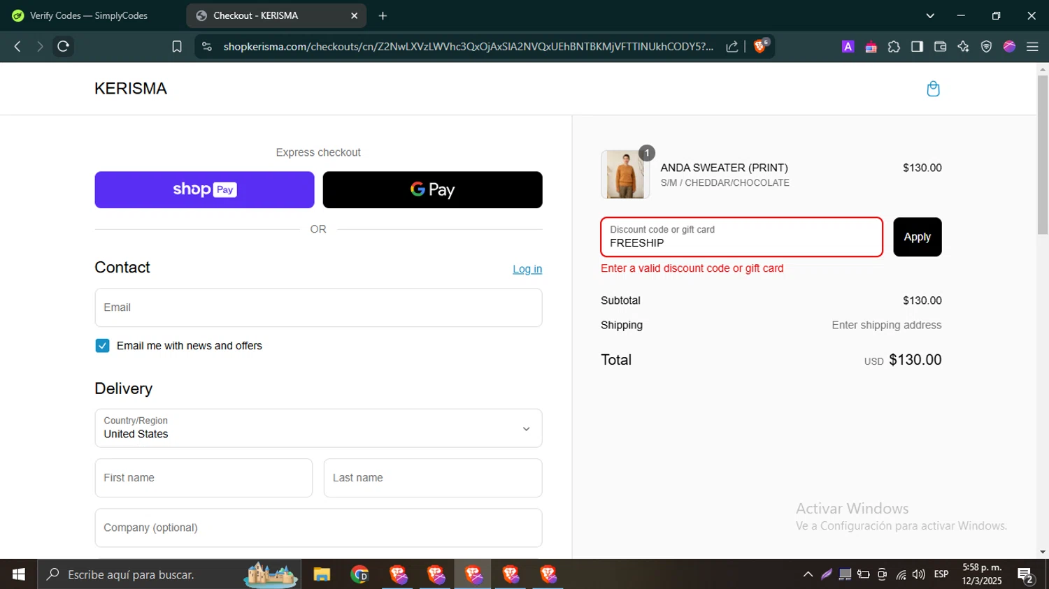KERISMA promo code screenshot showing code FREESHIP applied at KERISMA checkout page. Uploaded by SimplyCodes community member SwiftTracker9305 on Mar 12, 2025