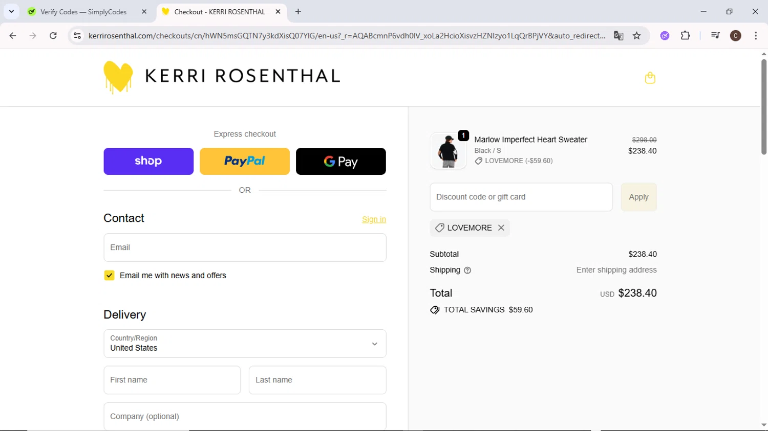 KERRI ROSENTHAL checkout page showing KERRI ROSENTHAL discount code box | Screenshot taken by SimplyCodes community member on Nov 27, 2025