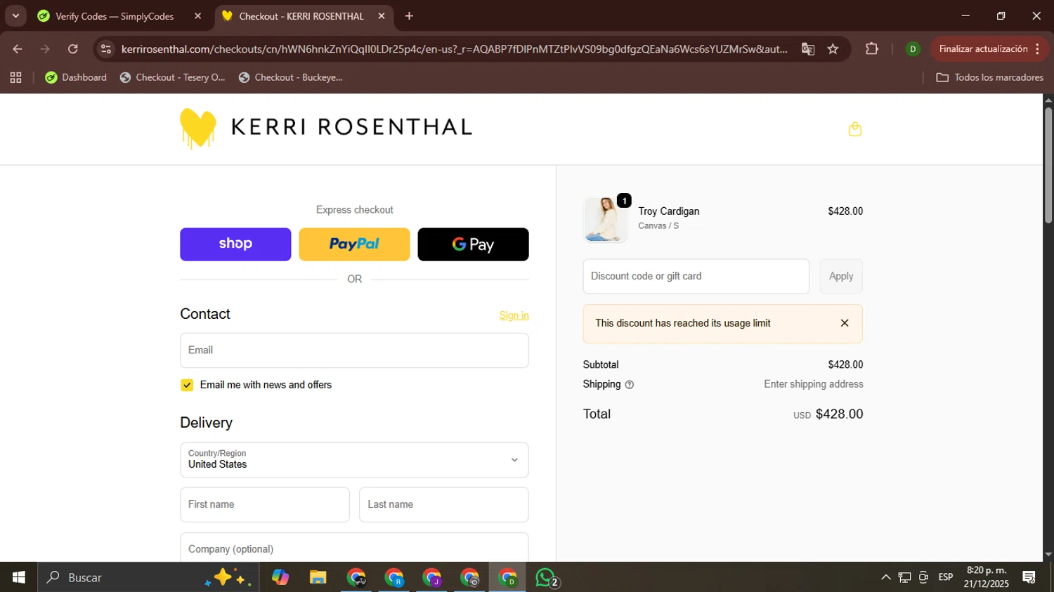 KERRI ROSENTHAL discount code screenshot showing code 2QHC2ZPW applied at KERRI ROSENTHAL checkout page. Uploaded by SimplyCodes community member BadMyke on Dec 22, 2025