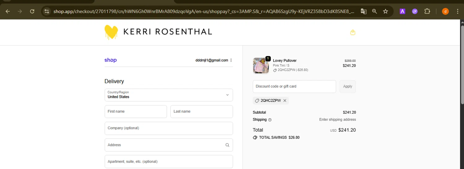 KERRI ROSENTHAL checkout page showing KERRI ROSENTHAL discount code box | Screenshot taken by SimplyCodes community member on Dec 10, 2025