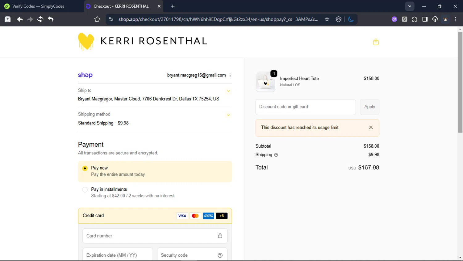 KERRI ROSENTHAL discount code screenshot showing code 2QHC2ZPW applied at KERRI ROSENTHAL checkout page. Uploaded by SimplyCodes community member USER_RANDON on Dec 21, 2025
