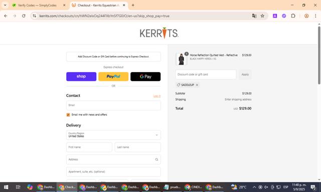 Kerrits checkout page showing Kerrits discount code box | Screenshot taken by SimplyCodes community member on Sep 6, 2025