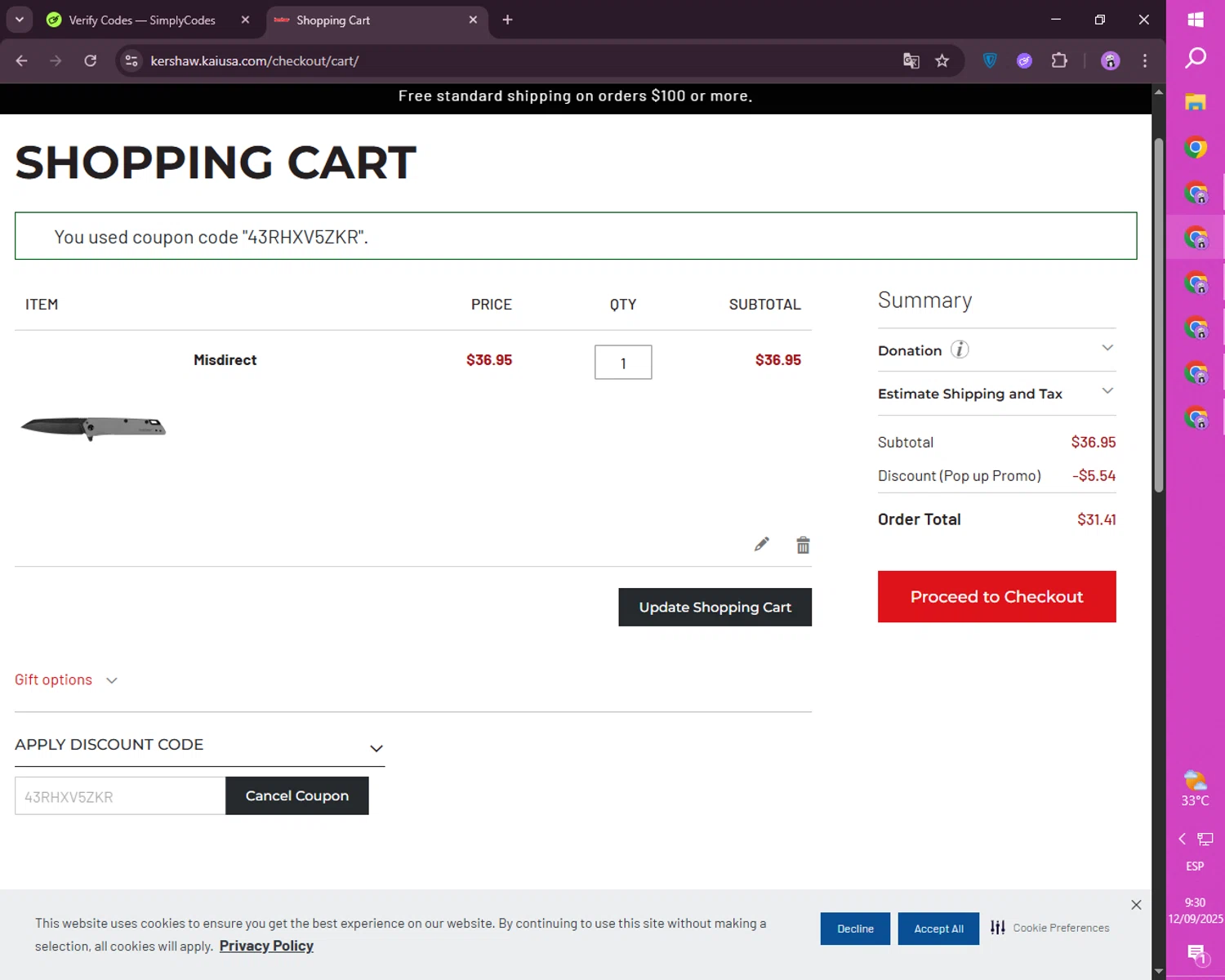 Kershaw discount code screenshot showing code 43RHXV5ZKR applied at Kershaw checkout page. Uploaded by SimplyCodes community member CashSaver4711 on Sep 12, 2025