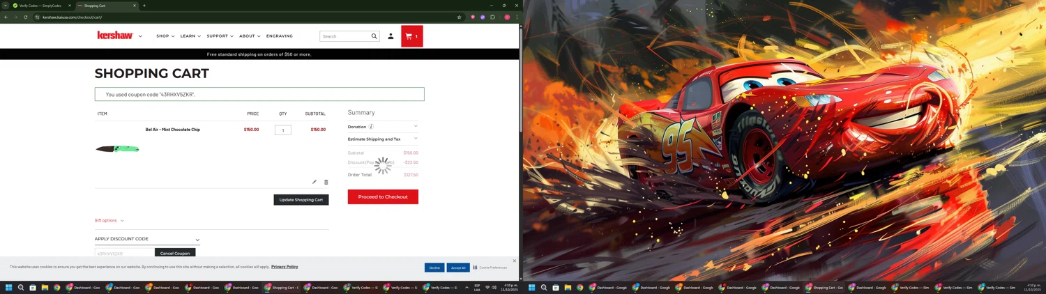 Kershaw discount code screenshot showing code 43RHXV5ZKR applied at Kershaw checkout page. Uploaded by SimplyCodes community member CouponSage7331 on Oct 11, 2025