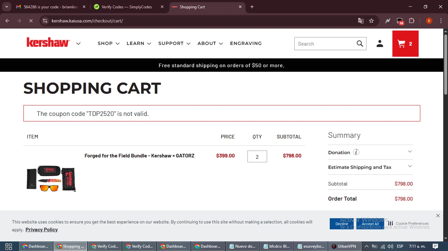 Kershaw discount code screenshot showing code TDP2520 applied at Kershaw checkout page. Uploaded by SimplyCodes community member DiscountExpert6435 on Oct 10, 2025