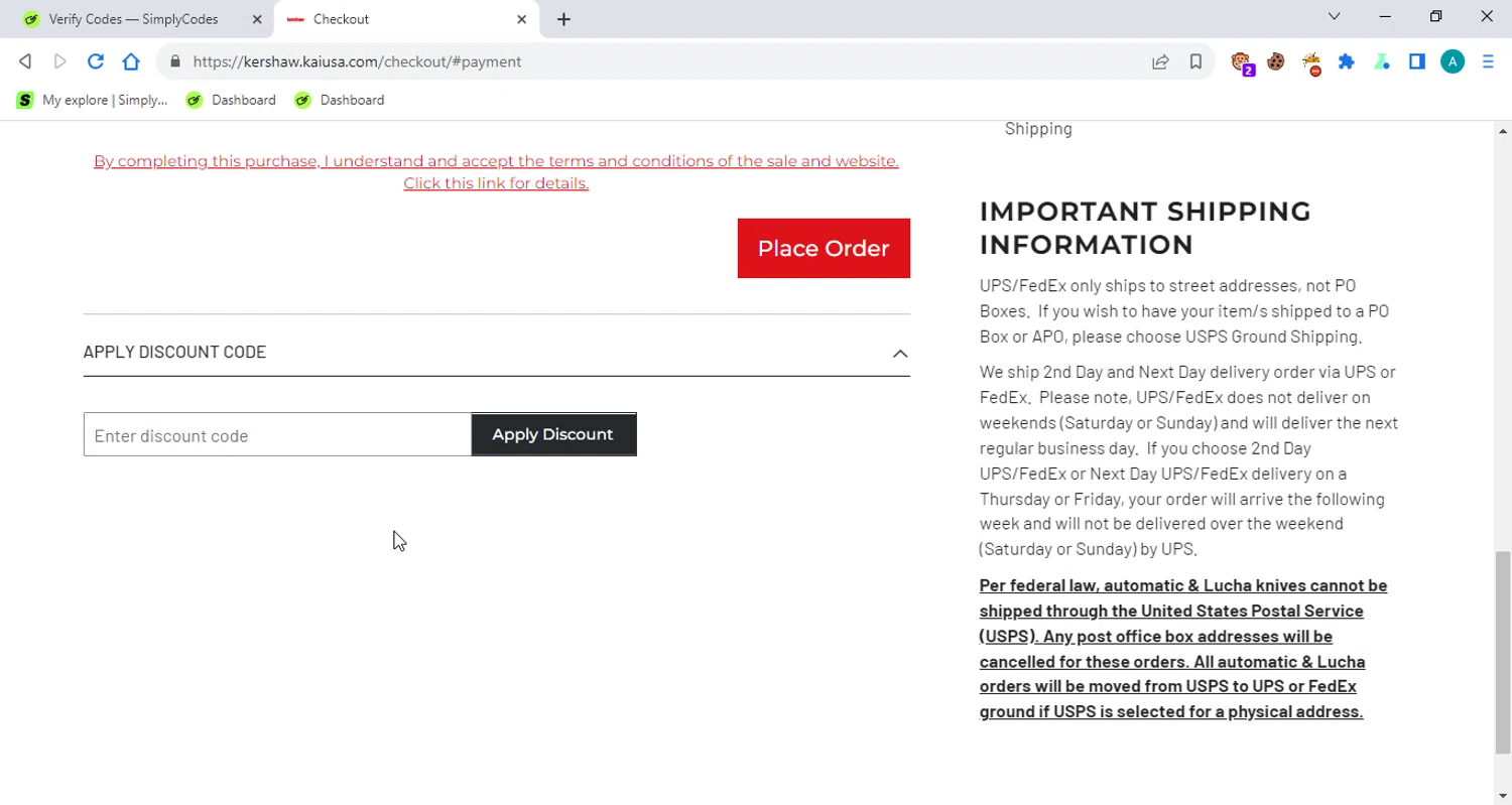 Kershaw discount code screenshot showing code TDP2520 applied at Kershaw checkout page. Uploaded by SimplyCodes community member ShrewdGuardian2547 on Oct 10, 2025