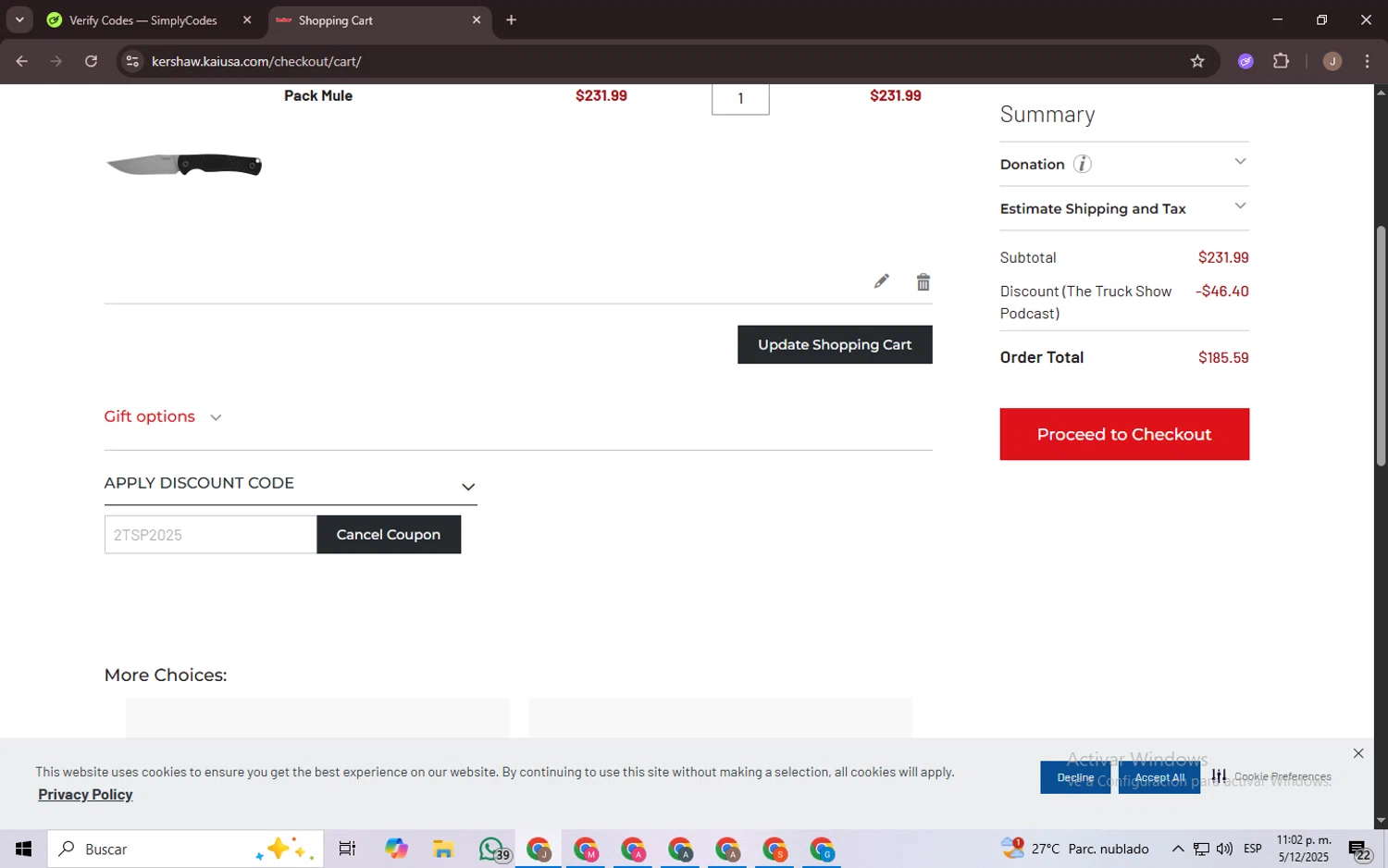 Kershaw discount code screenshot showing code 2TSP2025 applied at Kershaw checkout page. Uploaded by SimplyCodes community member CrownChaser949 on Dec 6, 2025