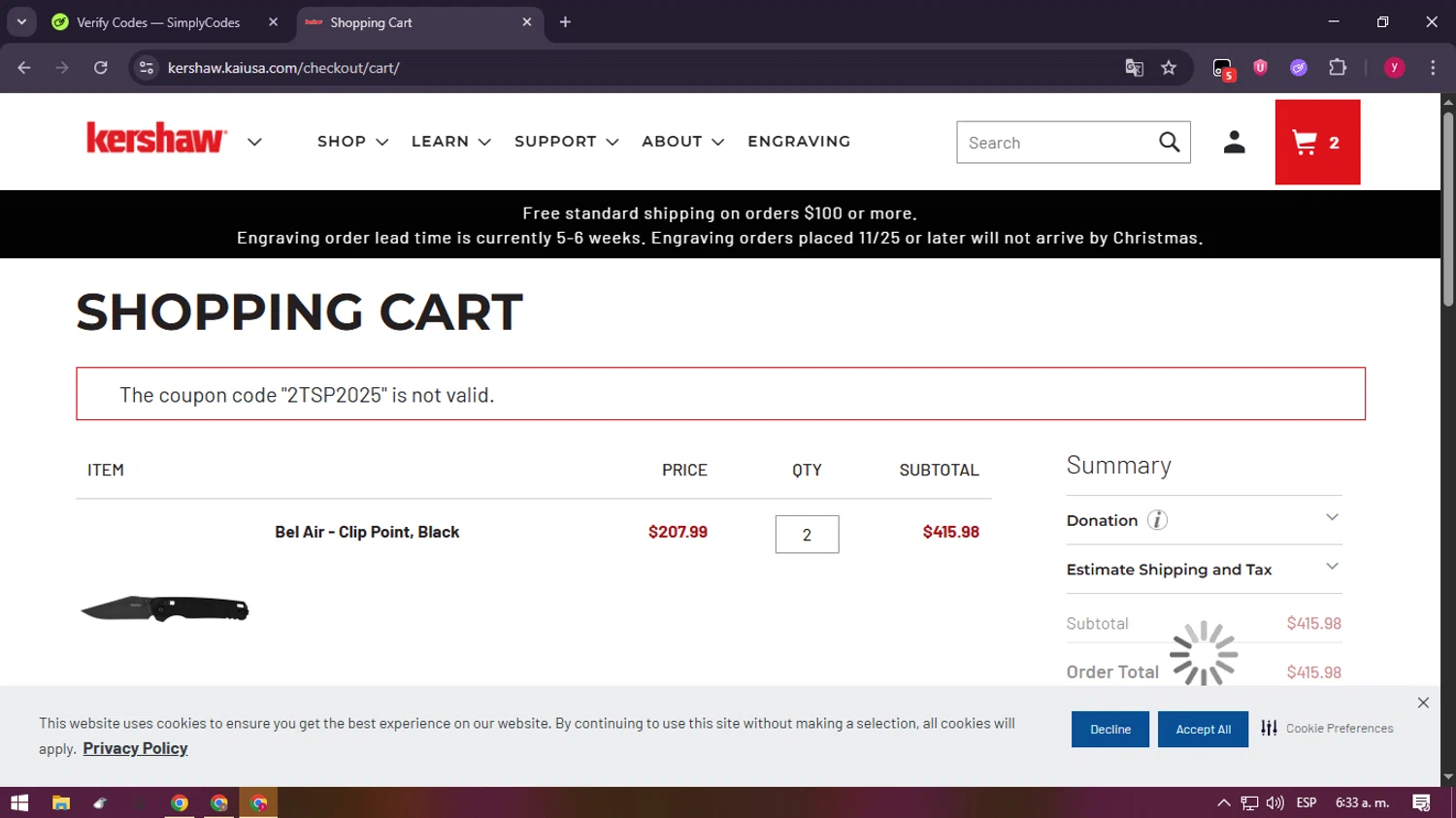 Kershaw discount code screenshot showing code 2TSP2025 applied at Kershaw checkout page. Uploaded by SimplyCodes community member ValiantFox2134 on Jan 4, 2026