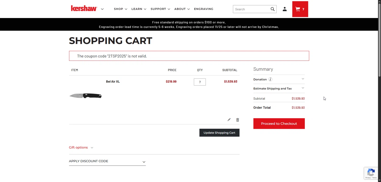 Kershaw discount code screenshot showing code 2TSP2025 applied at Kershaw checkout page. Uploaded by SimplyCodes community member ValueHawk3038 on Jan 4, 2026
