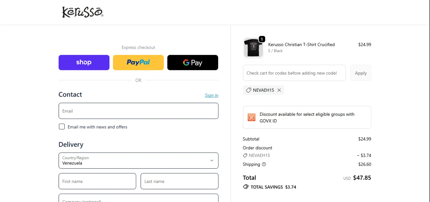 Kerusso promo code screenshot showing code NEVAEH15 applied at Kerusso checkout page. Uploaded by SimplyCodes community member juanisaac on May 31, 2026