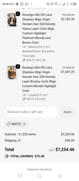 Wig75 coupon verification screenshot