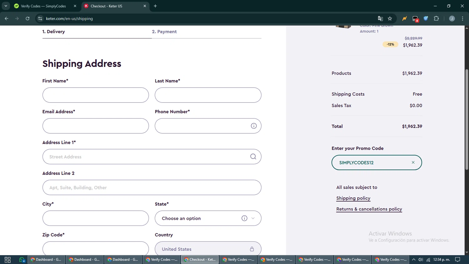 Keter promo code screenshot showing code SIMPLYCODES12 applied at Keter checkout page. Uploaded by SimplyCodes community member CashShopper1214 on Nov 3, 2025