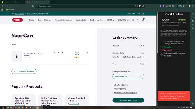 Keter checkout page showing Keter promo code box | Screenshot taken by SimplyCodes community member on Oct 5, 2025