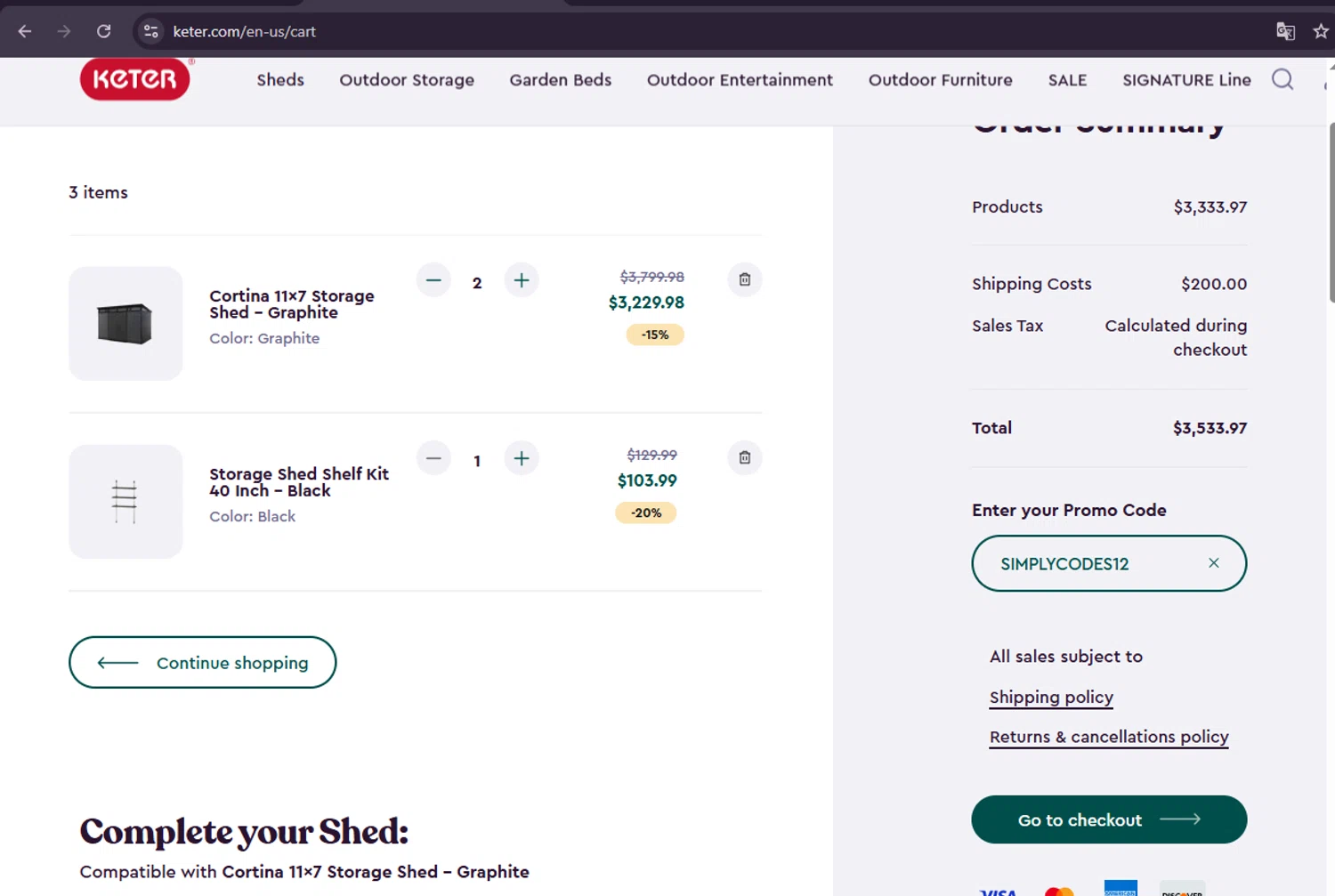 Keter checkout page showing Keter promo code box | Screenshot taken by SimplyCodes community member on Jul 2, 2025