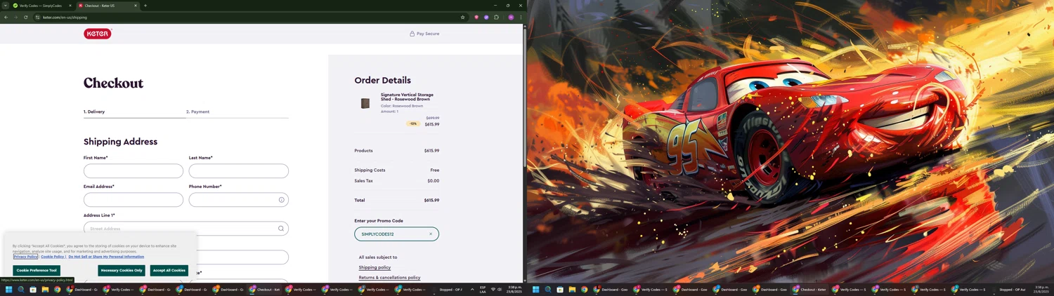 Keter promo code screenshot showing code SIMPLYCODES12 applied at Keter checkout page. Uploaded by SimplyCodes community member PennyWizard1195 on Aug 23, 2025