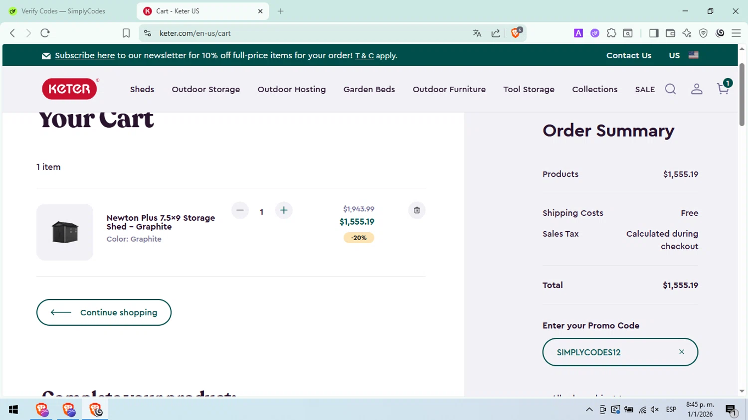Keter checkout page showing Keter promo code box | Screenshot taken by SimplyCodes community member on Jan 2, 2026
