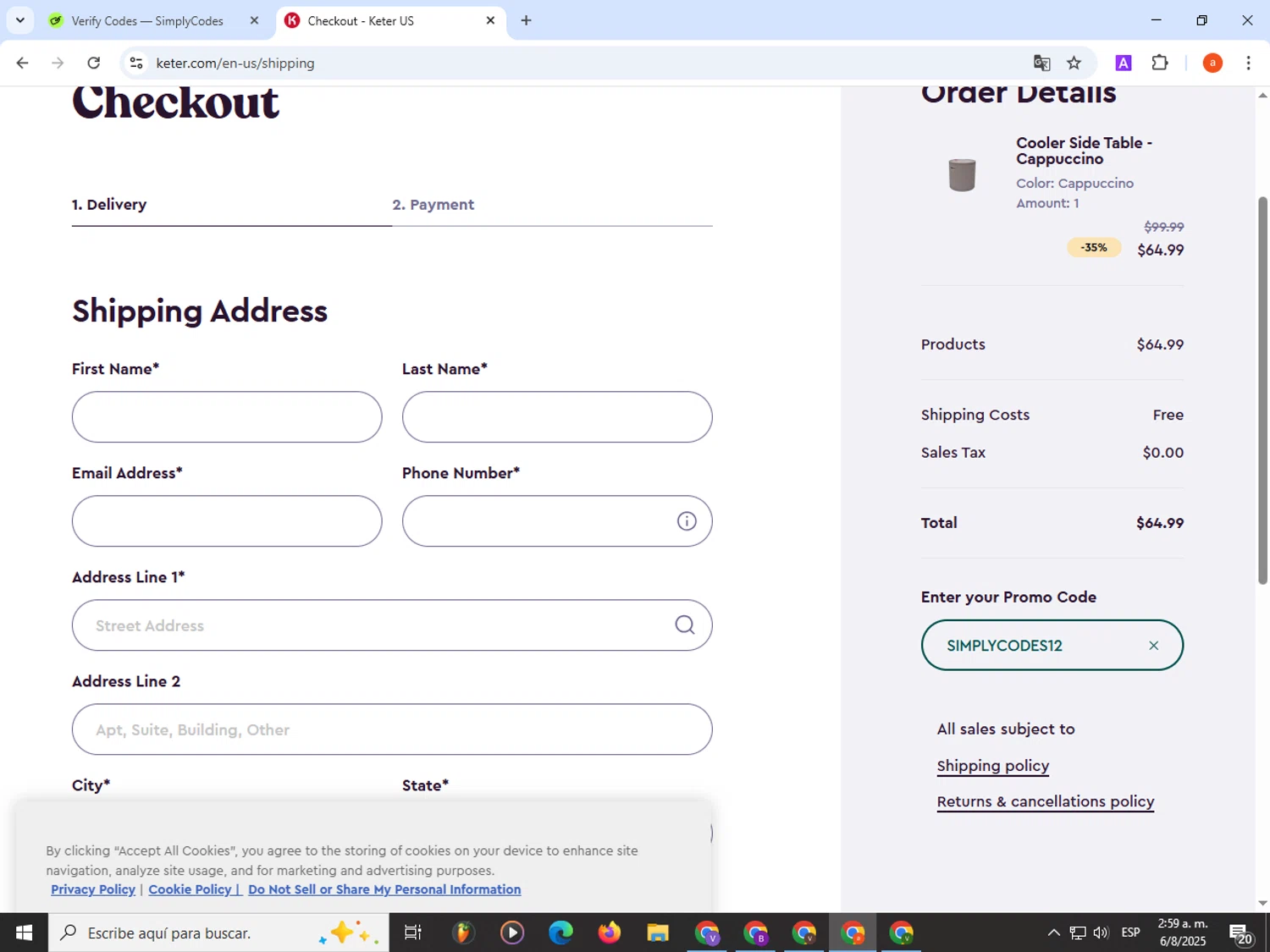 Keter checkout page showing Keter promo code box | Screenshot taken by SimplyCodes community member on Aug 6, 2025