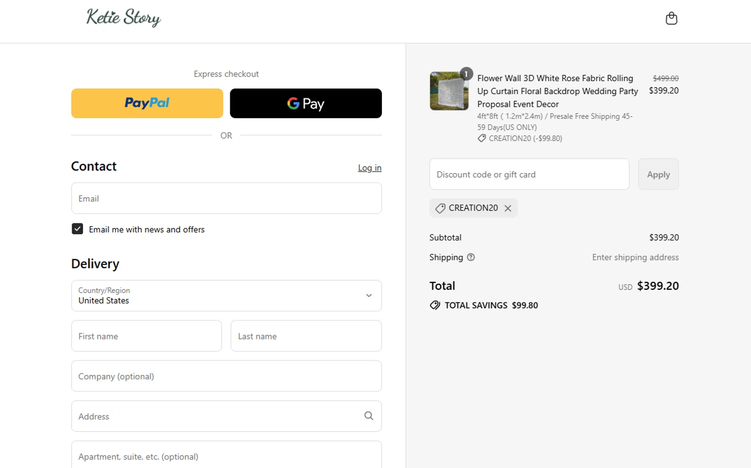 KetieStory promo code screenshot showing code CREATION20 applied at KetieStory checkout page. Uploaded by SimplyCodes community member BargainPilot9399 on Aug 7, 2025