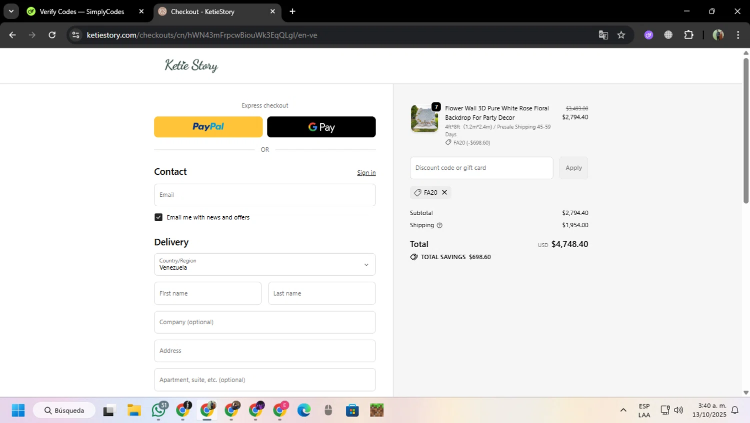 KetieStory promo code screenshot showing code Fa20 applied at KetieStory checkout page. Uploaded by SimplyCodes community member MoneySentinel7597 on Oct 13, 2025