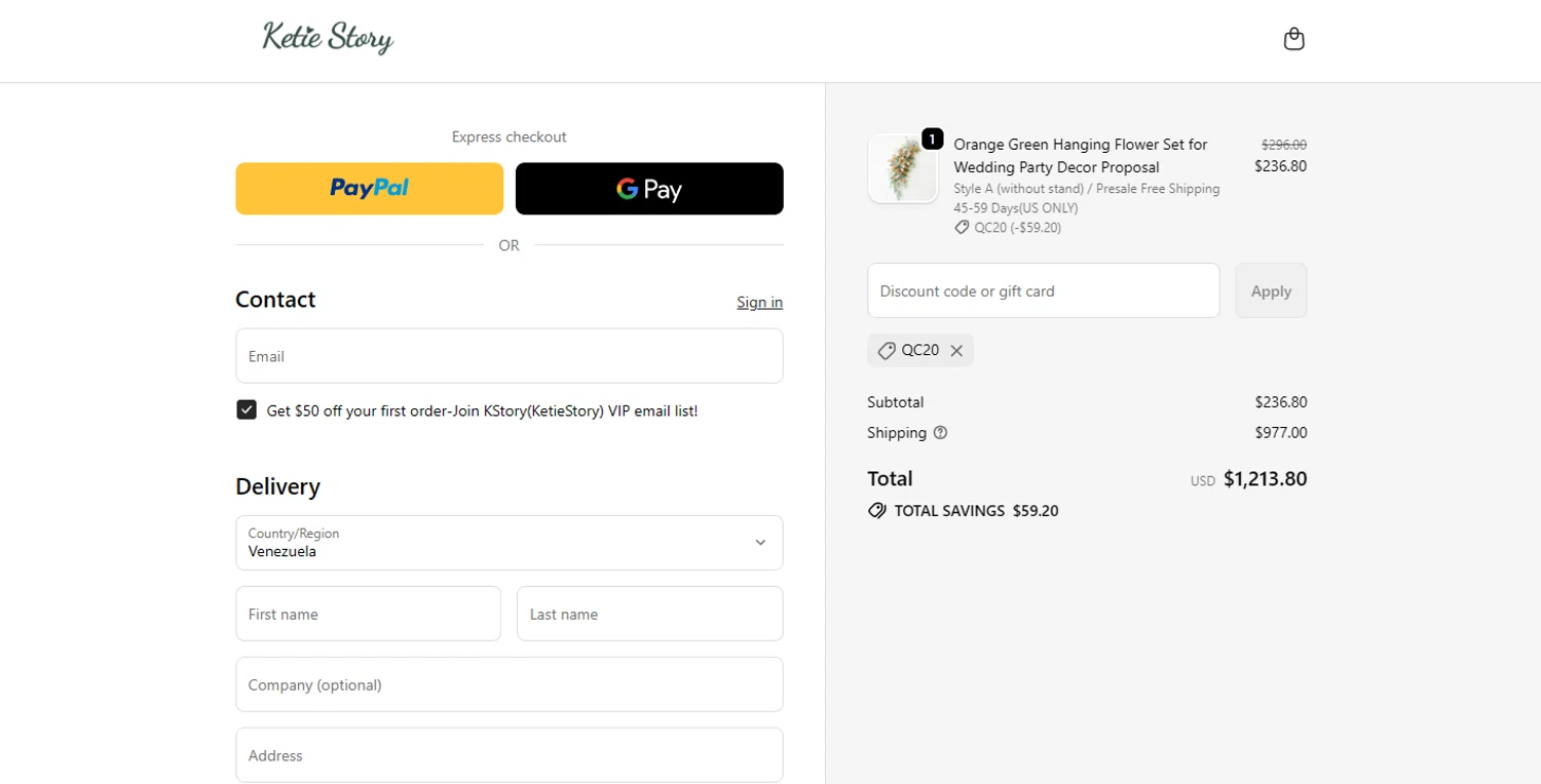 KetieStory promo code screenshot showing code QC20 applied at KetieStory checkout page. Uploaded by SimplyCodes community member Holadiablo on Nov 27, 2025