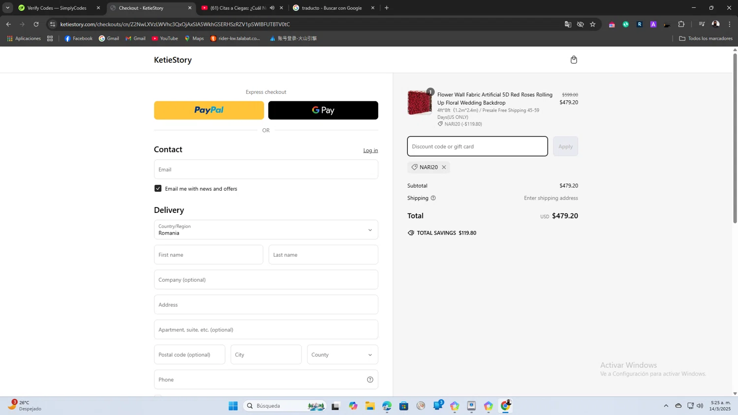 KetieStory promo code screenshot showing code Nari20 applied at KetieStory checkout page. Uploaded by SimplyCodes community member SaleScout3344 on Mar 14, 2025