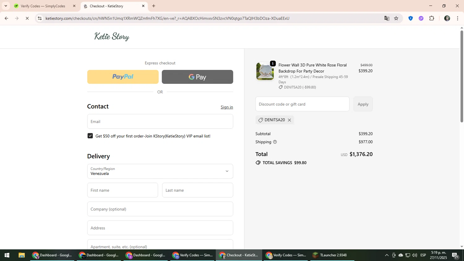 KetieStory promo code screenshot showing code DENITSA20 applied at KetieStory checkout page. Uploaded by SimplyCodes community member CleverLynx6871 on Nov 27, 2025
