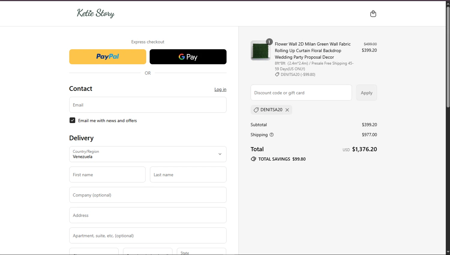 KetieStory promo code screenshot showing code DENITSA20 applied at KetieStory checkout page. Uploaded by SimplyCodes community member TokioMiller on Aug 28, 2025