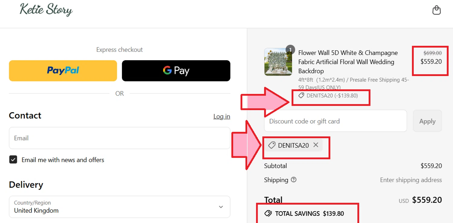 KetieStory promo code screenshot showing code DENITSA20 applied at KetieStory checkout page. Uploaded by SimplyCodes community member kattylar on Aug 28, 2025