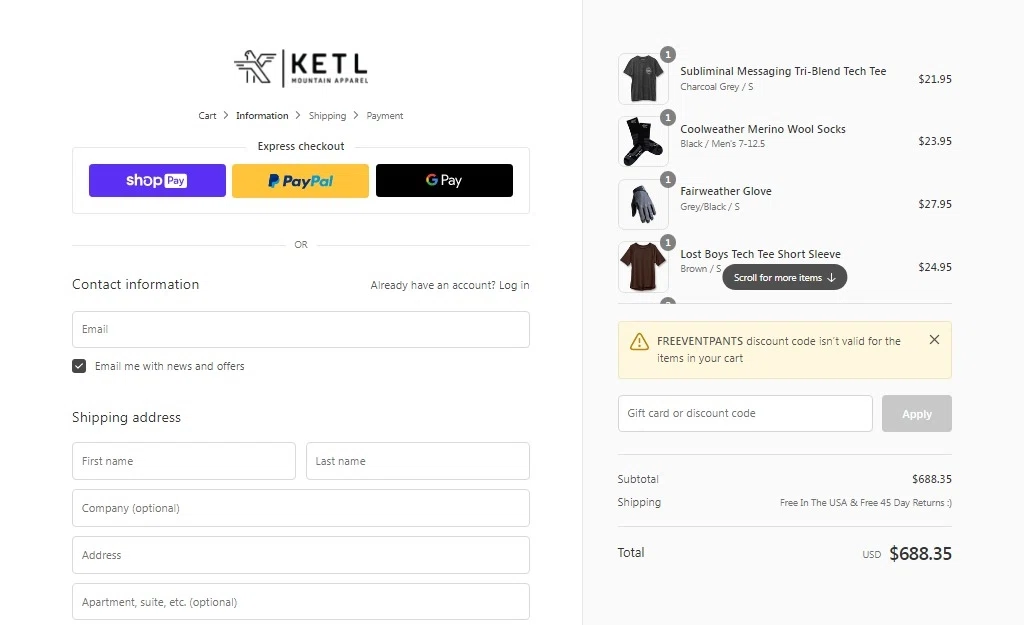 KETL Mtn. checkout page showing KETL Mtn. discount code box | Screenshot taken by SimplyCodes community member on Feb 24, 2022