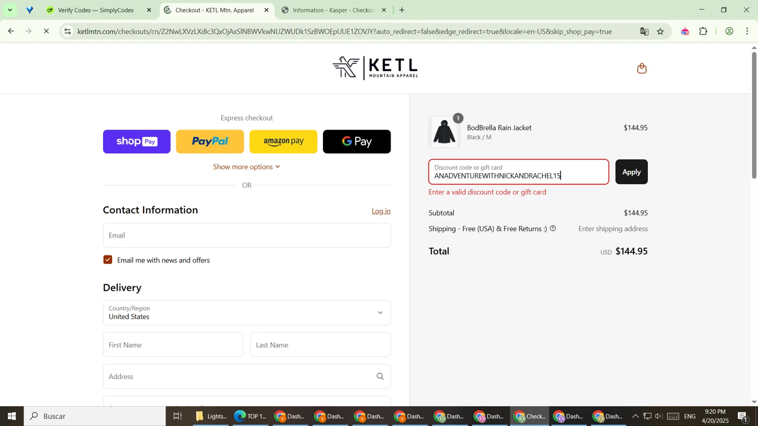 KETL Mtn. discount code screenshot showing code ANADVENTUREWITHNICKANDRACHEL15 applied at KETL Mtn. checkout page. Uploaded by SimplyCodes community member VoucherPilot9919 on Apr 21, 2025