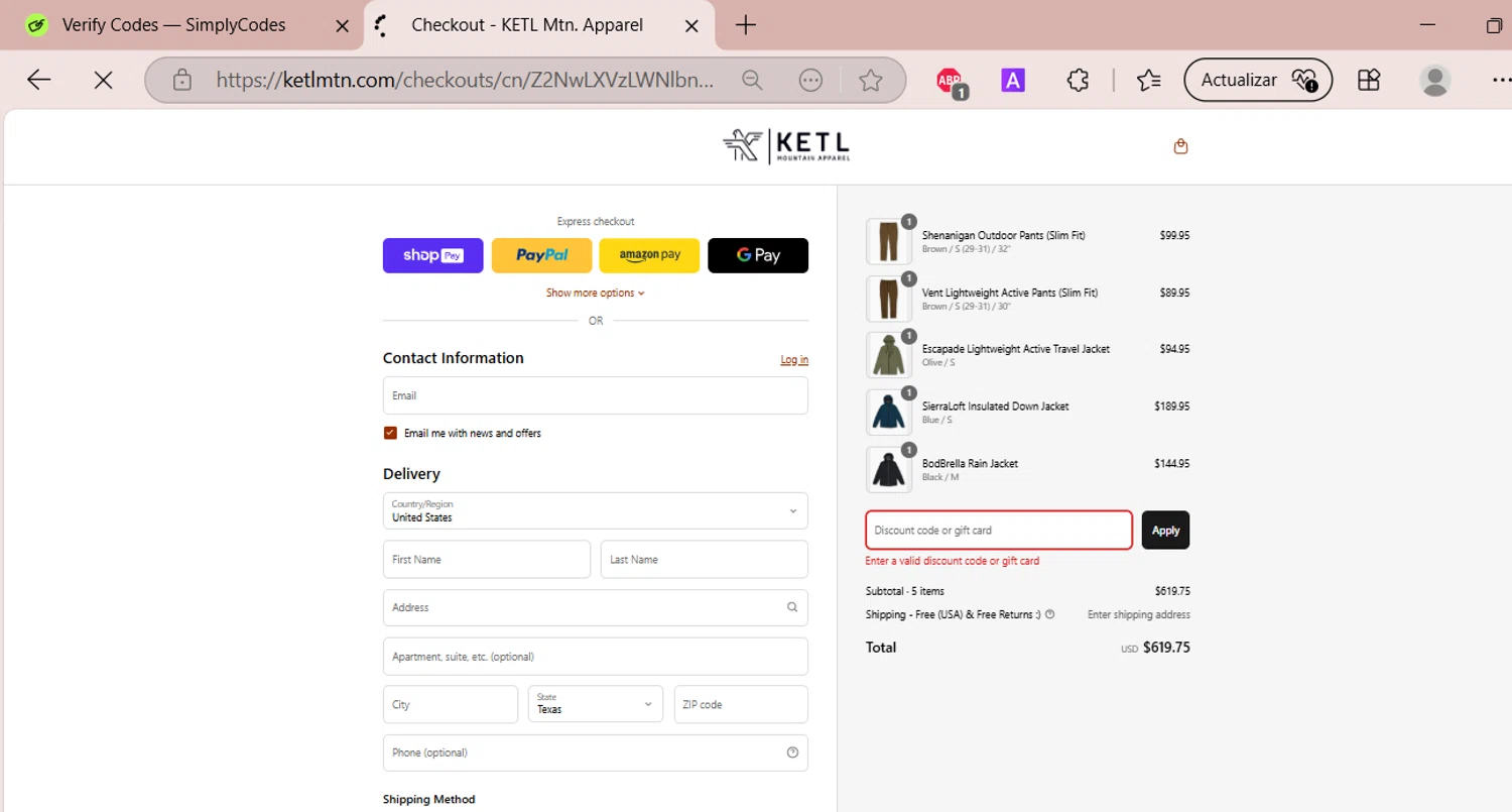 KETL Mtn. discount code screenshot showing code ANADVENTUREWITHNICKANDRACHEL15 applied at KETL Mtn. checkout page. Uploaded by SimplyCodes community member EpicSpotter6525 on Apr 21, 2025