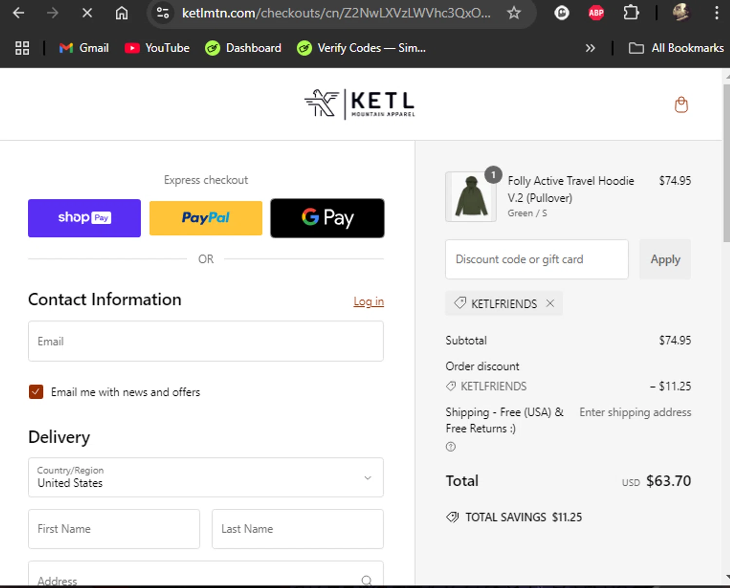 KETL Mtn. checkout page showing KETL Mtn. discount code box | Screenshot taken by SimplyCodes community member on Jan 22, 2025