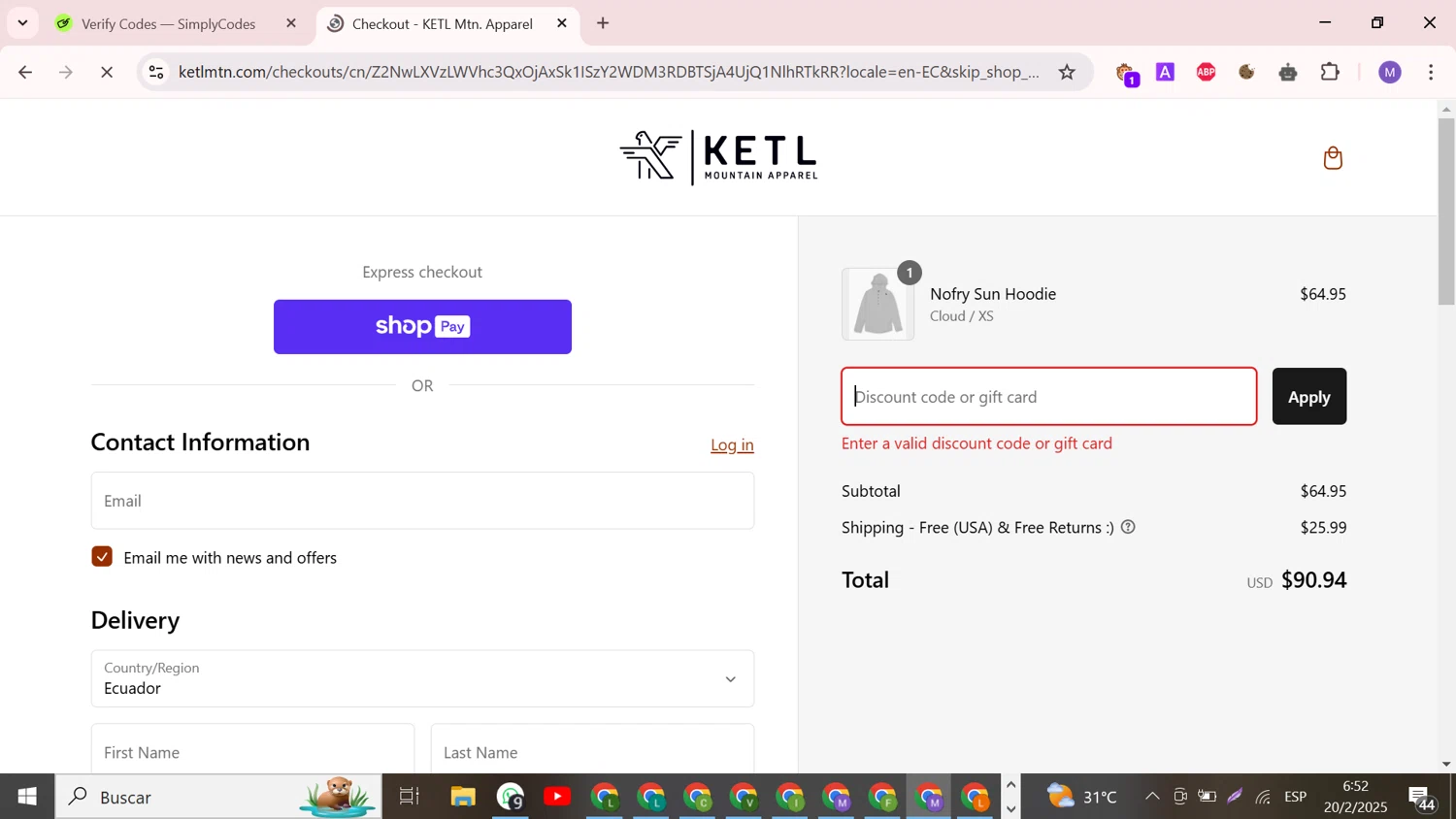 KETL Mtn. discount code screenshot showing code ketlfriends applied at KETL Mtn. checkout page. Uploaded by SimplyCodes community member CouponCollector598 on Feb 20, 2025