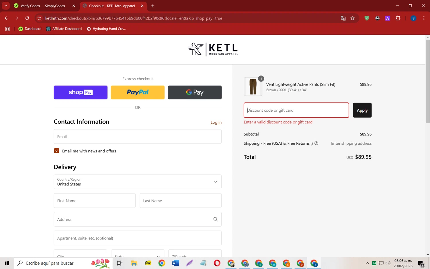 KETL Mtn. discount code screenshot showing code ketlfriends applied at KETL Mtn. checkout page. Uploaded by SimplyCodes community member CleverOwl2485 on Feb 20, 2025