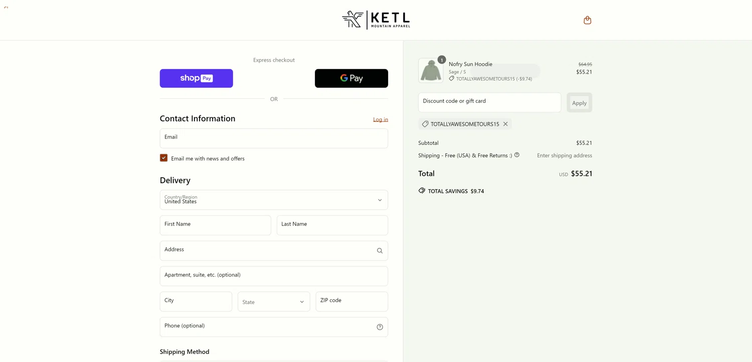 KETL Mtn. checkout page showing KETL Mtn. discount code box | Screenshot taken by SimplyCodes community member on Mar 28, 2025