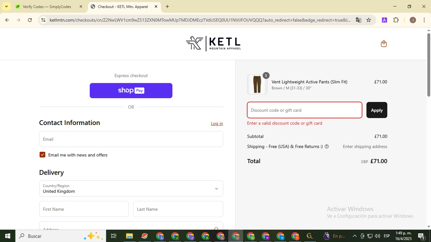KETL Mtn. discount code screenshot showing code TOTALLYAWESOMETOURS15 applied at KETL Mtn. checkout page. Uploaded by SimplyCodes community member ValiantHero2365 on Apr 16, 2025