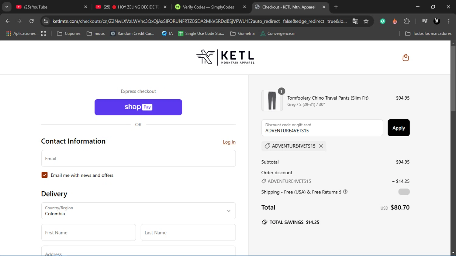 KETL Mtn. checkout page showing KETL Mtn. discount code box | Screenshot taken by SimplyCodes community member on Mar 31, 2025