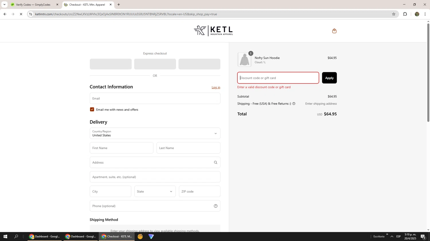 KETL Mtn. discount code screenshot showing code ADVENTURE4VETS15 applied at KETL Mtn. checkout page. Uploaded by SimplyCodes community member Phoenix585 on Apr 20, 2025