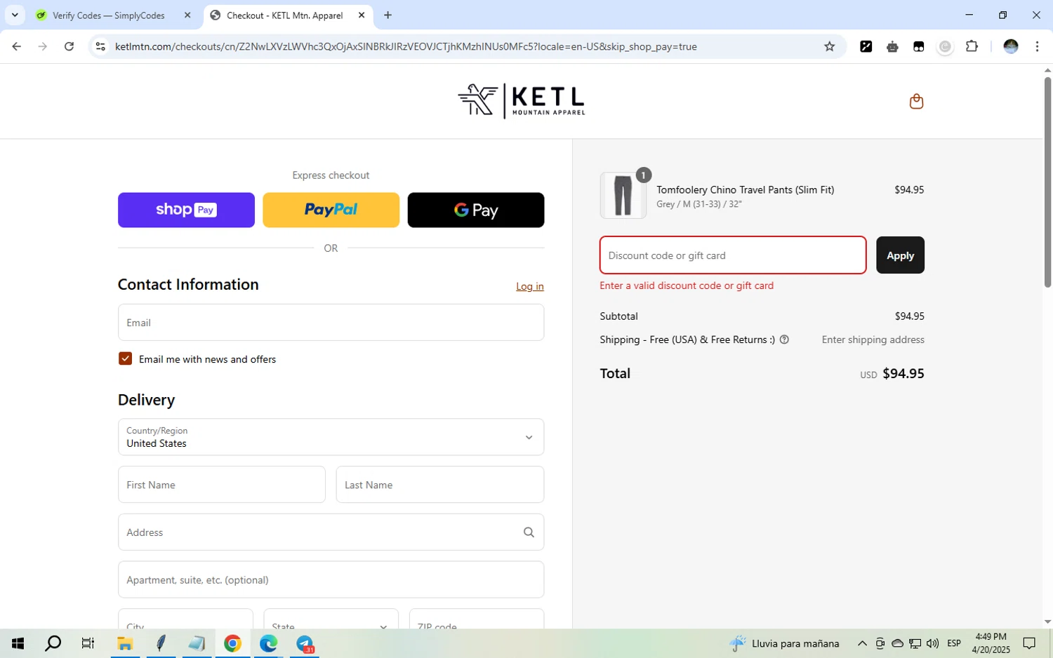 KETL Mtn. discount code screenshot showing code ADVENTURE4VETS15 applied at KETL Mtn. checkout page. Uploaded by SimplyCodes community member GloriousWizard5474 on Apr 20, 2025