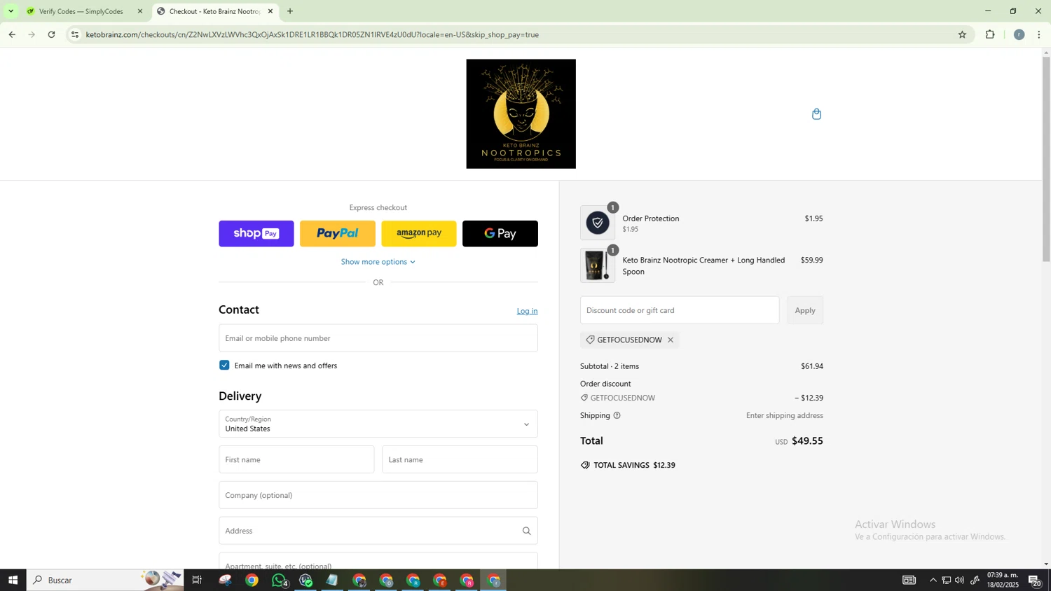 Keto Brainz promo code screenshot showing code GETFOCUSEDNOW applied at Keto Brainz checkout page. Uploaded by SimplyCodes community member CashScholar6568 on Feb 18, 2025