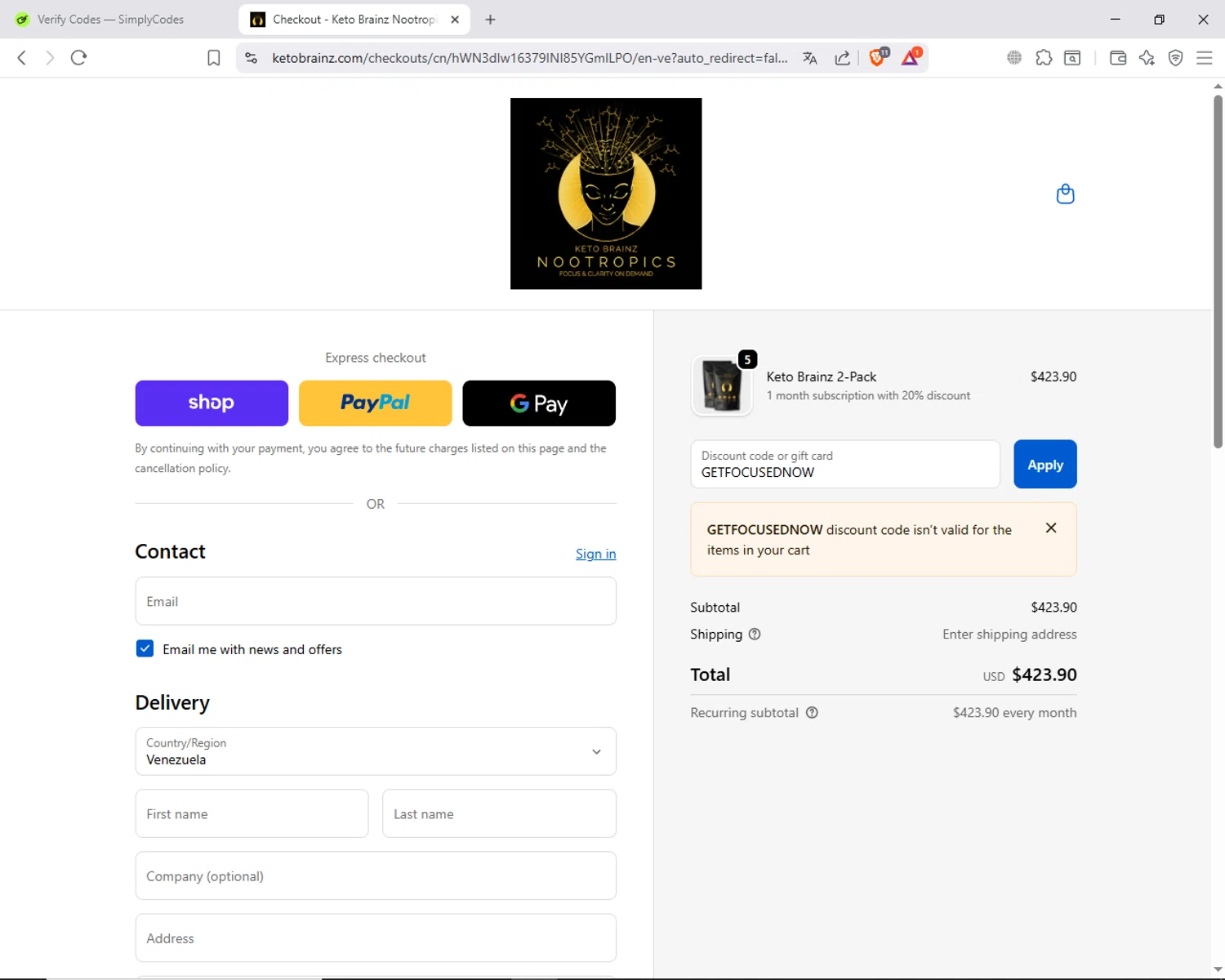 Keto Brainz promo code screenshot showing code GETFOCUSEDNOW applied at Keto Brainz checkout page. Uploaded by SimplyCodes community member ShieldAdmiral6835 on Oct 2, 2025