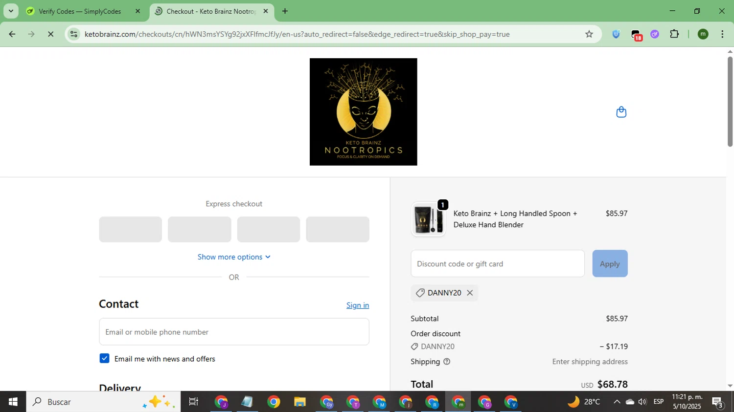 Keto Brainz promo code screenshot showing code DANNY20 applied at Keto Brainz checkout page. Uploaded by SimplyCodes community member CoinSage7057 on Oct 6, 2025