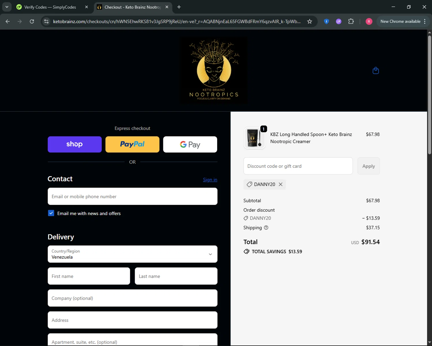 Keto Brainz promo code screenshot showing code DANNY20 applied at Keto Brainz checkout page. Uploaded by SimplyCodes community member ThriftyGuardian8485 on Nov 13, 2025