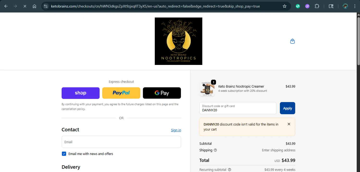 Keto Brainz promo code screenshot showing code DANNY20 applied at Keto Brainz checkout page. Uploaded by SimplyCodes community member xAngel on Oct 2, 2025